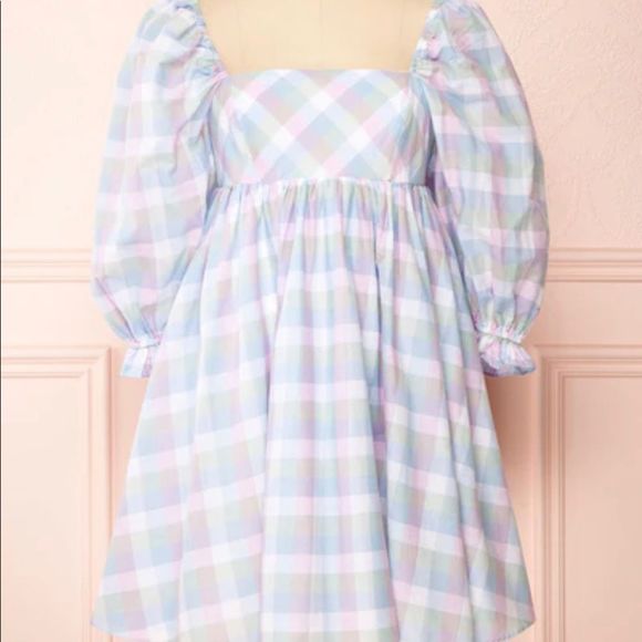 ✨NWT✨STORIA✨PASTEL PLAID PUFF-SLEEVEST BABYDOLL MINI DRESS - Picture 2 of 14